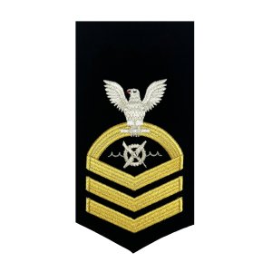 Navy E7 Male Rating Badge: RW Robotics Warfare Specialist, seaworthy gold on blue