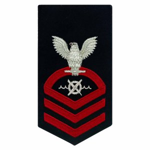 Navy E7 Male Rating Badge: RW Robotics Warfare Specialist, seaworthy red on blue