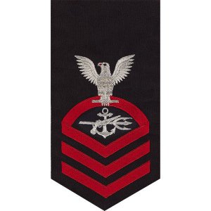 Navy E7 Male Rating Badge: Special Warfare Operator, seaworthy red on blue