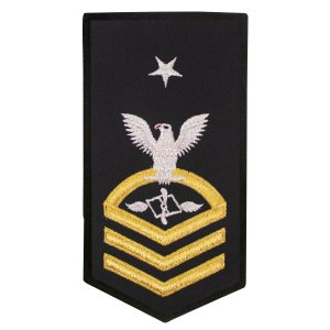 Navy E8 Female Rating Badge: AZ Aviation Maintenance Administration, seaworthy gold on blue