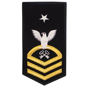 Navy E8 Female Rating Badge: LS Logistics Specialist, seaworthy gold on blue