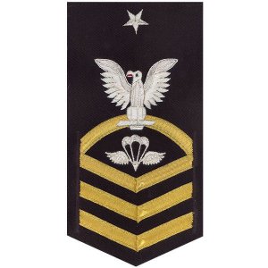 Navy E8 Male Rating Badge: Aircrew Survival Equipmentman, vanchief on blue