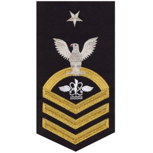 Navy E8 Male Rating Badge: Aviation Anti-Submarine Warfare Operator, seaworthy gold on blue
