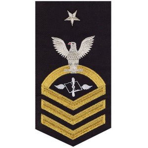 Navy E8 Male Rating Badge: Aviation Maintenance Administration, seaworthy gold on blue