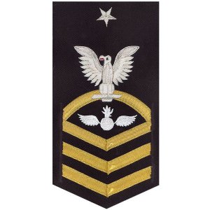 Navy E8 Male Rating Badge: Aviation Ordnanceman, vanchief on blue
