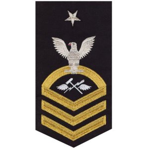 Navy E8 Male Rating Badge: Aviation Support Equipment Technician, seaworthy gold on blue