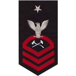 Navy E8 Male Rating Badge: Damage Controlman, seaworthy red on blue