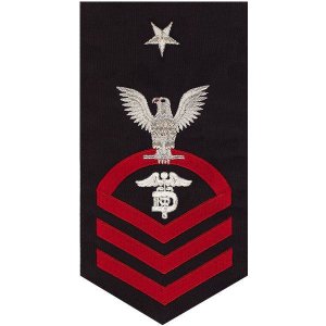 Navy E8 Male Rating Badge: Dental Technician, seaworthy red on blue