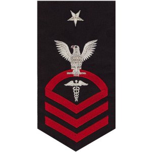 Navy E8 Male Rating Badge: Hospital Corpsman, seaworthy red on blue