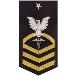 Navy E8 Male Rating Badge: Hospital Corpsman, vanchief on blue