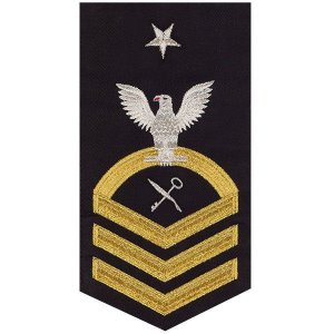 Navy E8 Male Rating Badge: Retail Services Specialist, seaworthy gold on blue