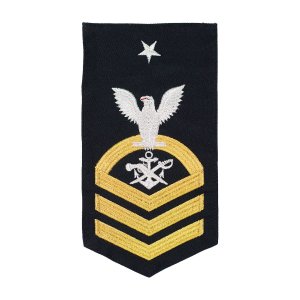 Navy E8 Male Rating Badge: SB Special Warfare Boat Operator, seaworthy gold on blue