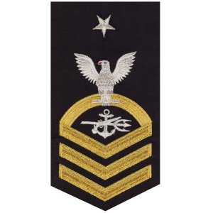Navy E8 Male Rating Badge: Special Warfare Operator, seaworthy gold on blue