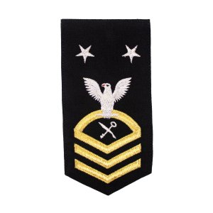 Navy E9 Female Rating Badge: RS Retail Services Specialist, seaworthy gold on blue