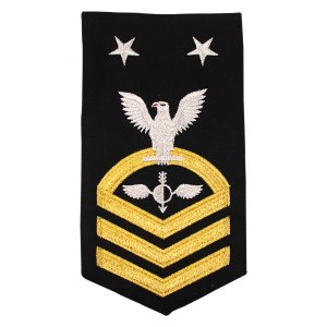 Navy E9 Male Rating Badge: Aerographers Mate, seaworthy gold on blue