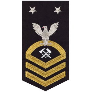 Navy E9 Male Rating Badge: Hull Maintenance Technician, seaworthy gold on blue