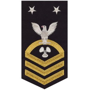 Navy E9 Male Rating Badge: Machinist''s Mate, seaworthy gold on blue