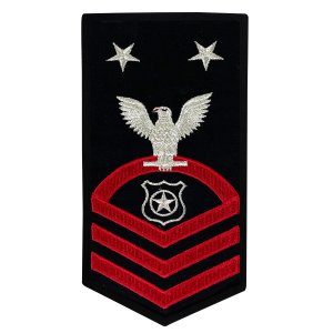 Navy E9 Male Rating Badge: Master At Arms, seaworthy red on blue