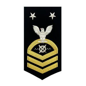 Navy E9 Male Rating Badge: Robotics Warfare Specialist, seaworthy gold on blue