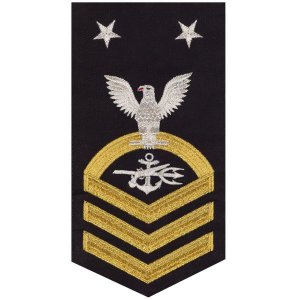 Navy E9 Male Rating Badge: Special Warfare Operator, seaworthy gold on blue