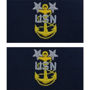 Navy Embroidered Collar Device: E9 CPO: Master, embroidered on coverall