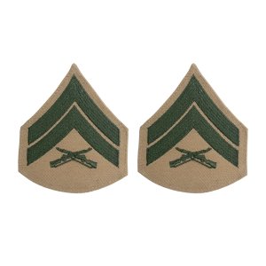 Marine Corps Chevron: Corporal, green embroidered on khaki, female