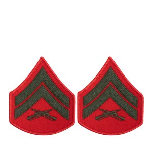 Marine Corps Chevron: Corporal, green embroidered on red, female