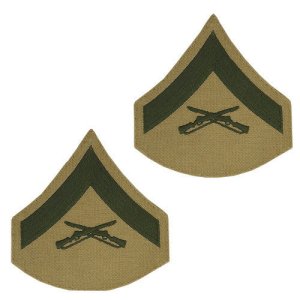 Marine Corps Chevron: Lance Corporal, green embroidered on khaki, female