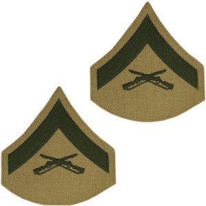 Marine Corps Chevron: Lance Corporal, green embroidered on khaki, male