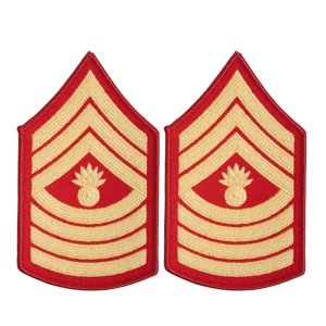 Marine Corps Chevron: Master Gunnery Sergeant, gold on red for female