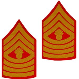 Marine Corps Chevron: Master Gunnery Sergeant, gold on red for male