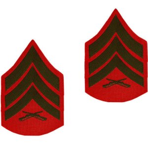 Marine Corps Chevron: Sergeant, green embroidered on red, male