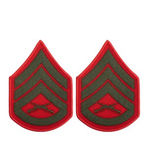 Marine Corps Chevron: Staff Sergeant, green embroidered on red, female
