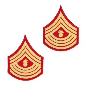 Marine Corps Evening Dress Chevron: Master Gunnery Sergeant, gold embroidered on red, Female