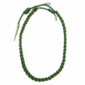 Marine Corps Fourragere Lanyard: WWI, green with gold spots and brass tip