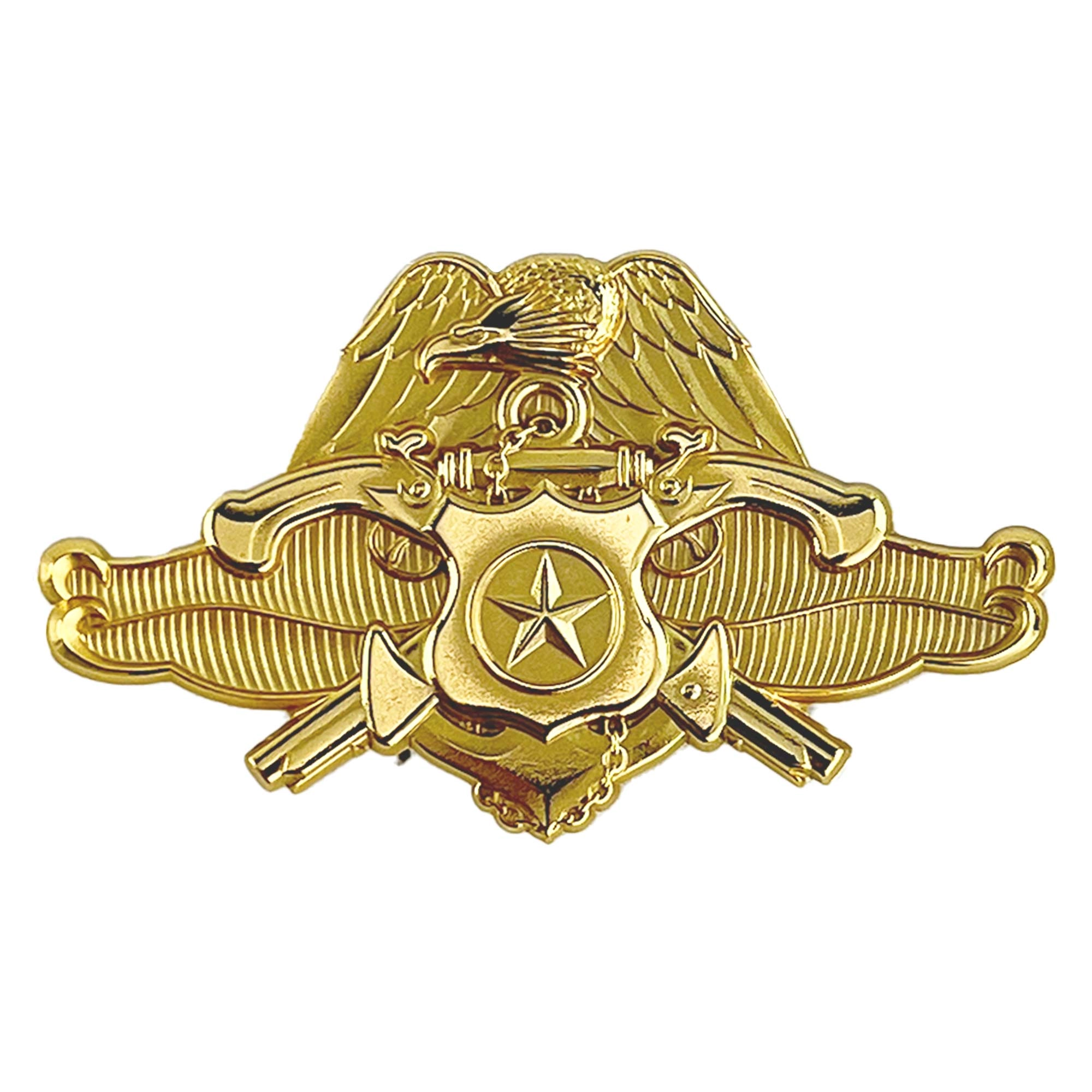 Picture of US Navy Badges Officer Security Forces Specialist: Regulation Size 24K Gold/#8 Polished Finish
