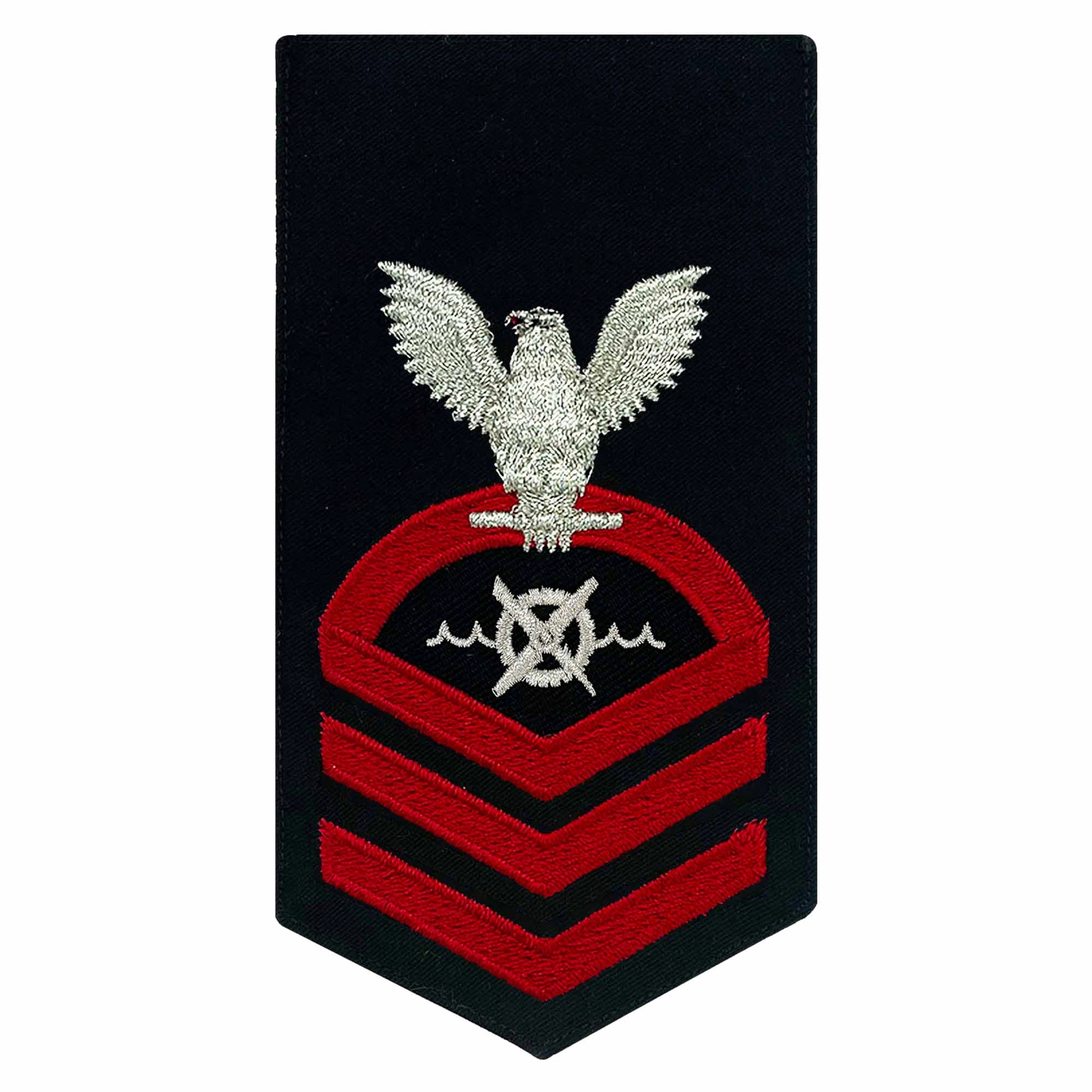 Picture of US Navy Rating Badges E7 Male Rating Rw Robotics Warfare Specialist: Seaworthy Red On Blue
